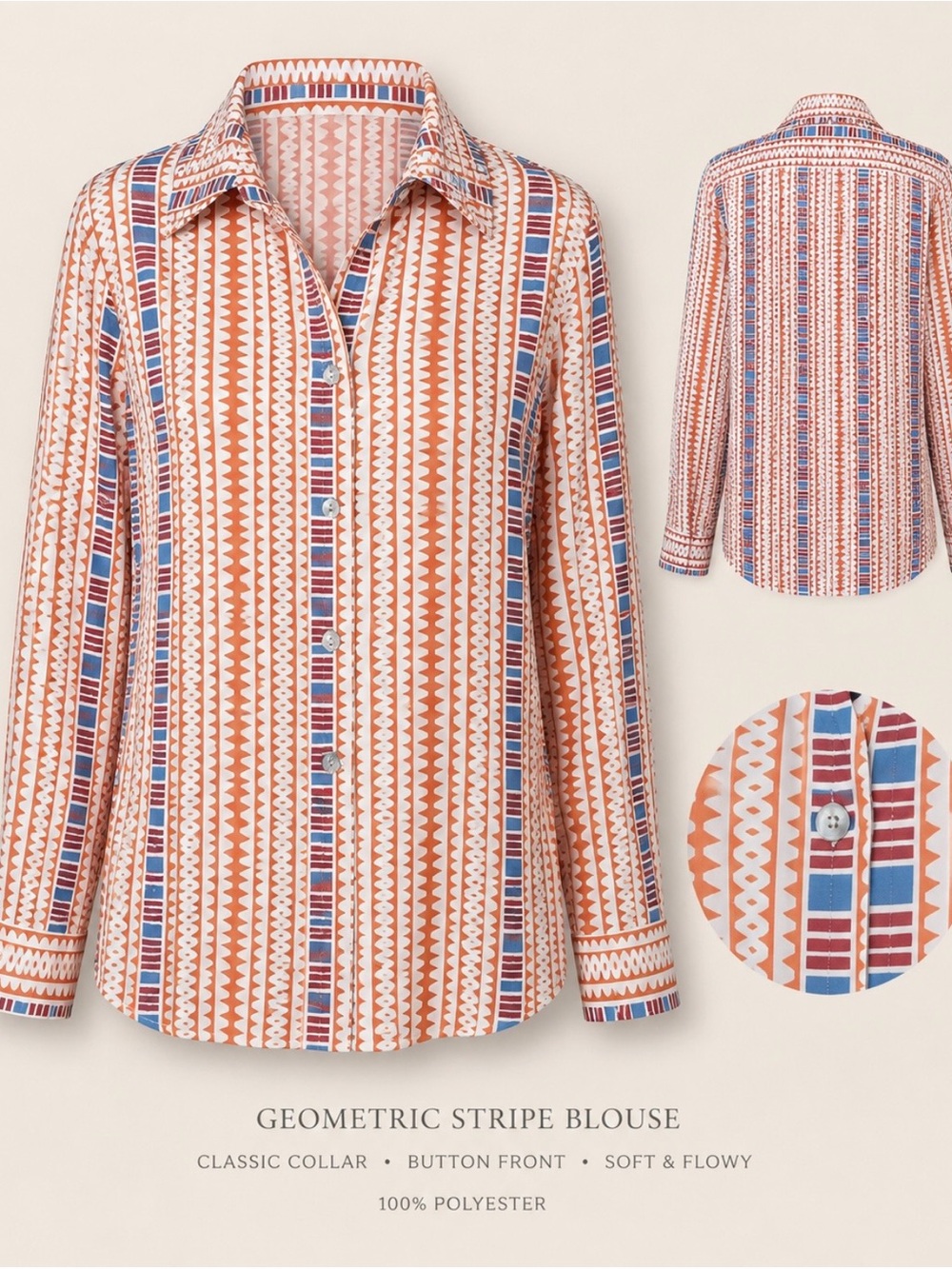 Women's Orange & Blue Patterned Button-Up Shirt